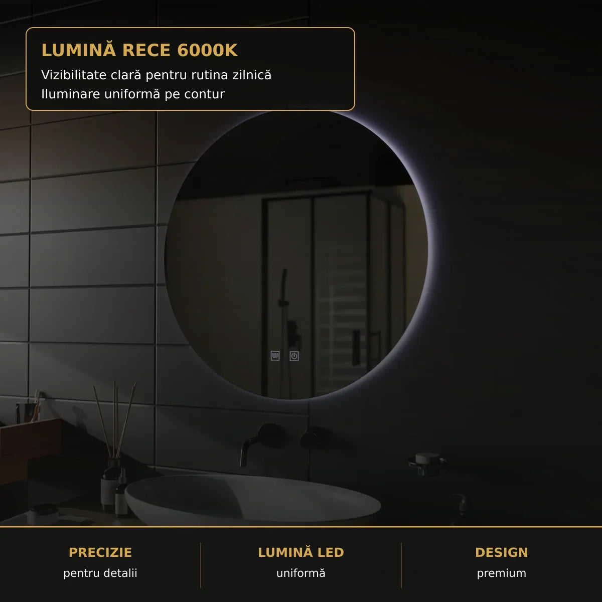 Oglindă LED Isolda Ø50 cm – detaliu premium