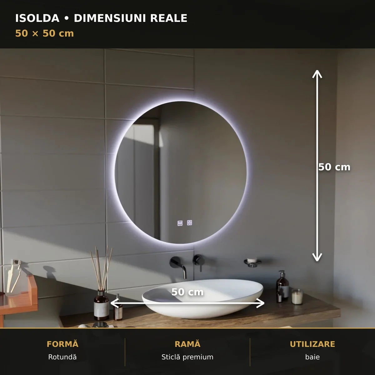 Oglindă LED Isolda Ø50 cm – dimensiuni și format