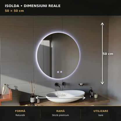 Oglindă LED Isolda Ø50 cm – dimensiuni și format