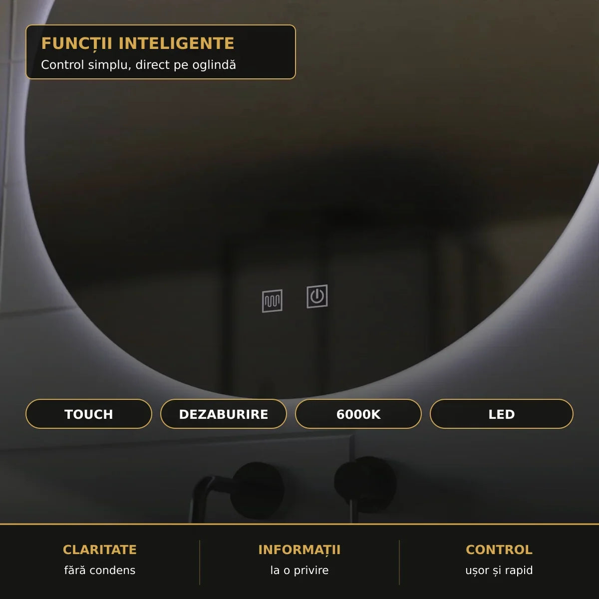 Oglindă LED Isolda Ø50 cm – funcții inteligente