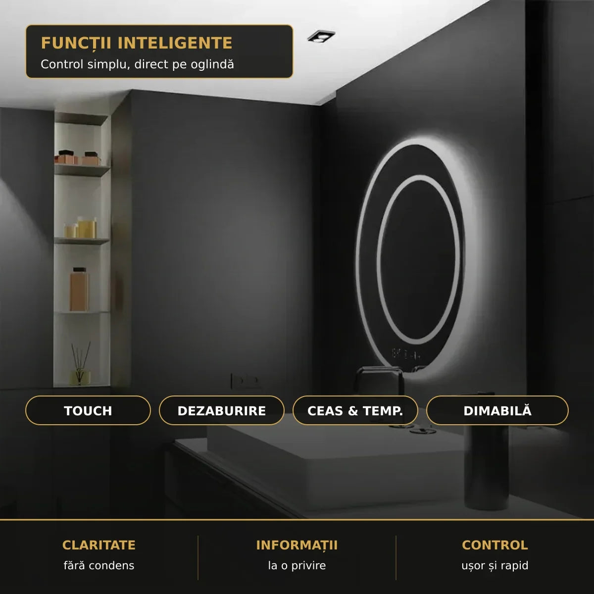 Oglindă LED July Ø60 cm – funcții inteligente