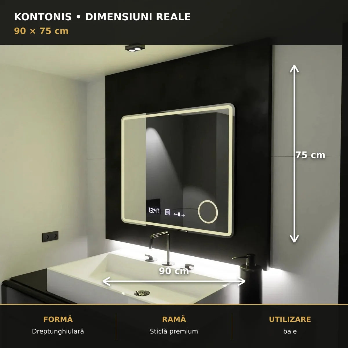 Oglindă LED Kontonis 90x75 cm – dimensiuni și format