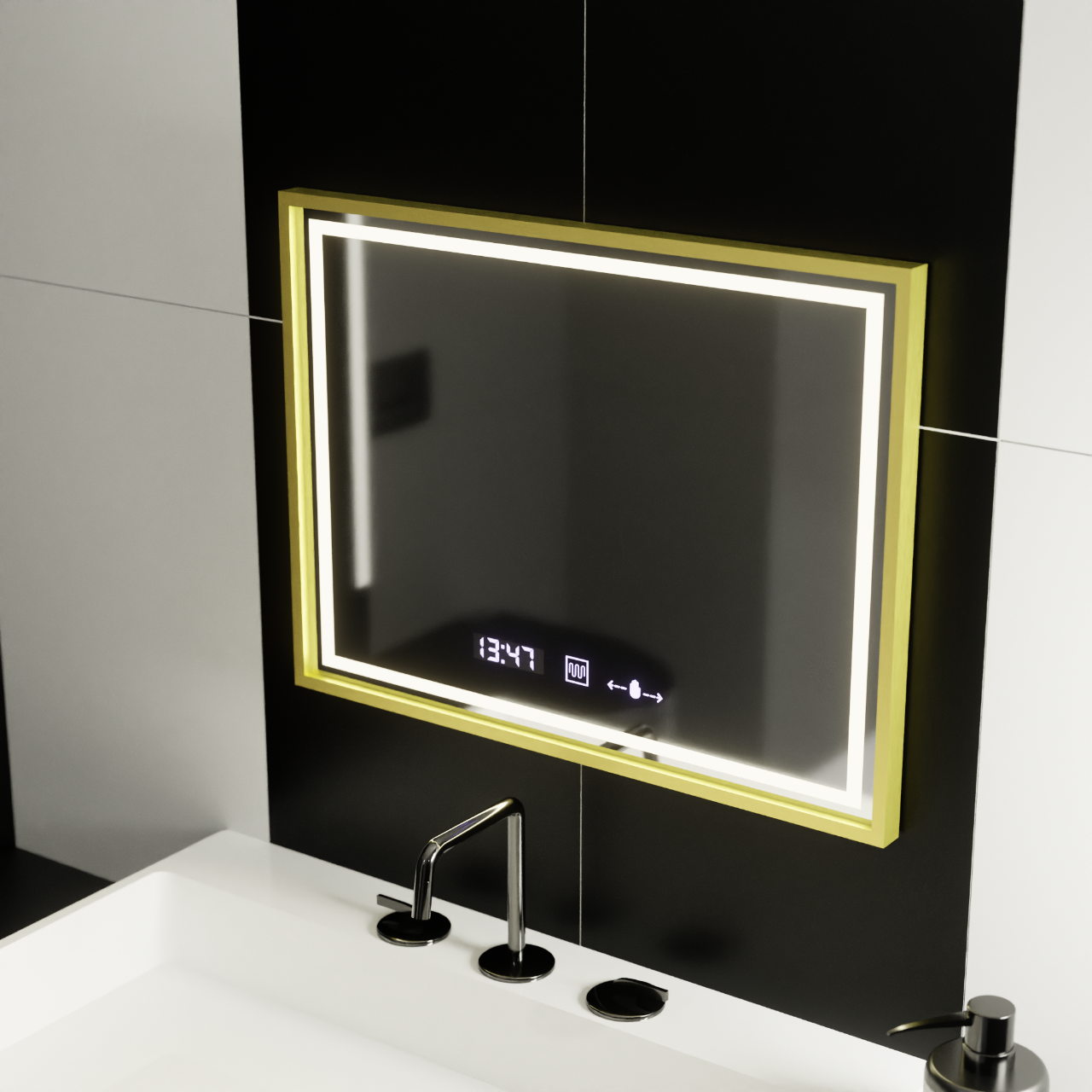 Oglinda LED Rectangulara 80x60 Verite Royale Gold MotionGlow Marcello, Sistem Dezaburire, Termometru si Ceas, Dimabila