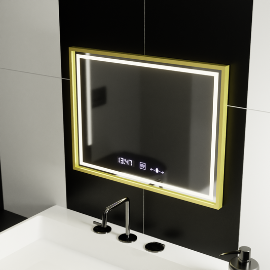 Oglinda LED Rectangulara 80x60 Verite Royale Gold MotionGlow Marcello, Sistem Dezaburire, Termometru si Ceas, Dimabila