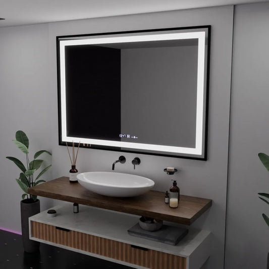 Oglinda LED Rectangulara 100x70 Verite Majeste Noir Motion Glow Marcello, Sistem Dezaburire, Termometru si Ceas, Dimabila