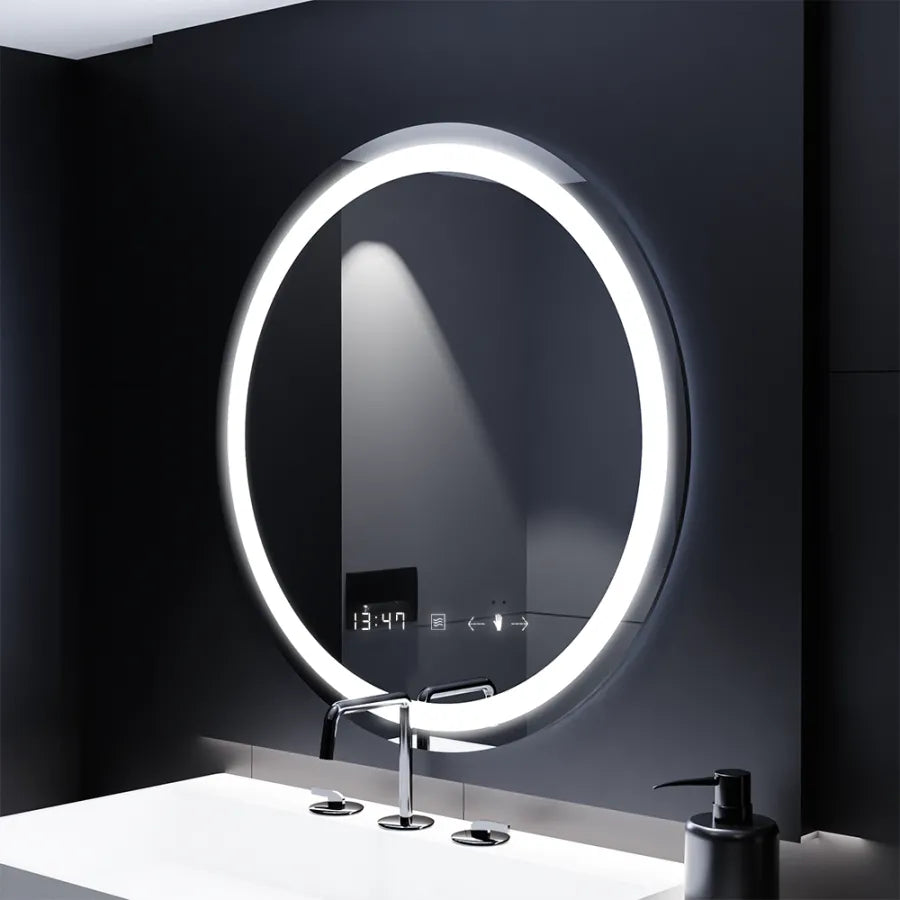 Oglinda LED Rotunda 70 Celeste MotionGlow Marcello, Sistem Dezaburire, Termometru si Ceas, Dimabila