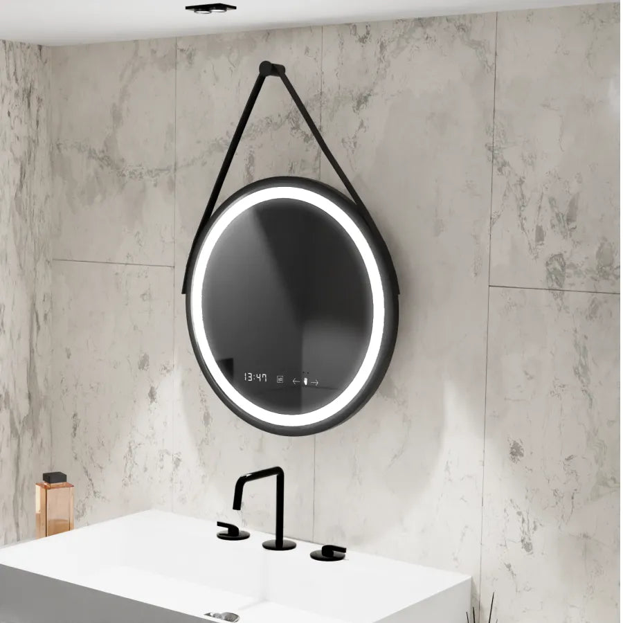 Oglinda LED Rotunda 60 Celeste Majeste Noir Eleve MotionGlow Marcello, Curea Piele Ecologica, Sistem Dezaburire, Termometru si Ceas, Dimabila