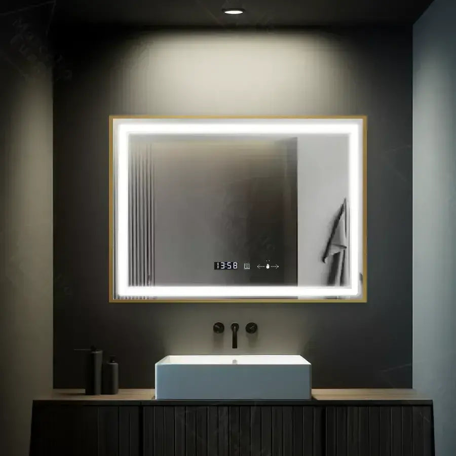 Oglinda LED Rectangulara 80x60 Verite Royale Gold MotionGlow Marcello, Sistem Dezaburire, Termometru si Ceas, Dimabila