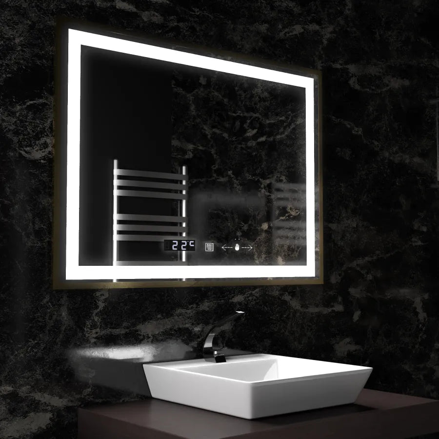 Oglinda LED Rectangulara 80x60 Verite Royale Gold MotionGlow Marcello, Sistem Dezaburire, Termometru si Ceas, Dimabila