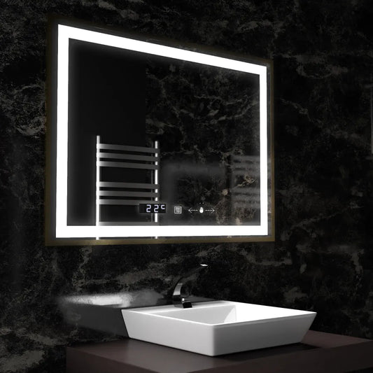 Oglinda LED Rectangulara 80x60 Verite Royale Gold MotionGlow Marcello, Sistem Dezaburire, Termometru si Ceas, Dimabila