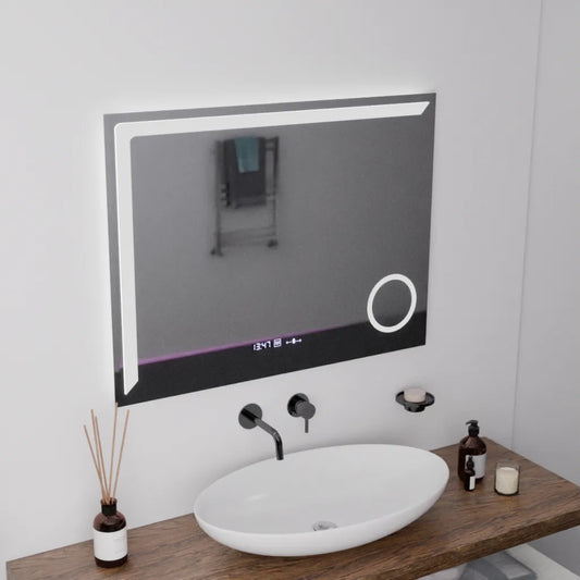 Oglinda LED Rectangulara 80x60 Precision MotionGlow Marcello, Lupa Cosmetica, Sistem Dezaburire, Termometru si Ceas, Dimabila