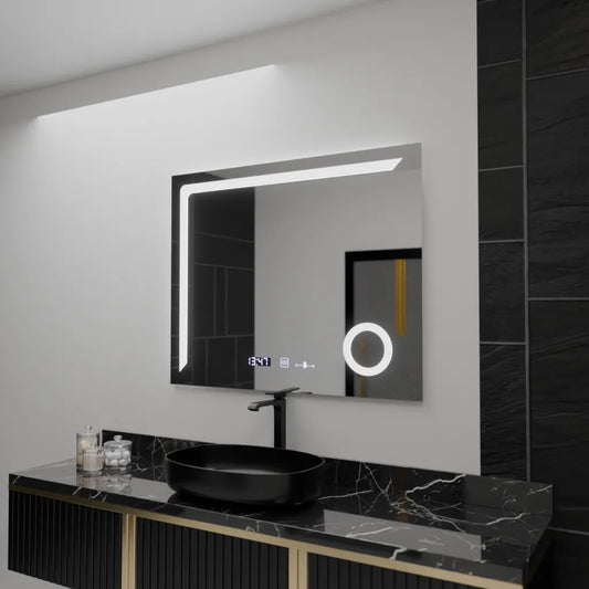 Oglinda LED Rectangulara 100x80 Precision MotionGlow Marcello, Lupa Cosmetica, Sistem Dezaburire, Termometru si Ceas, Dimabila