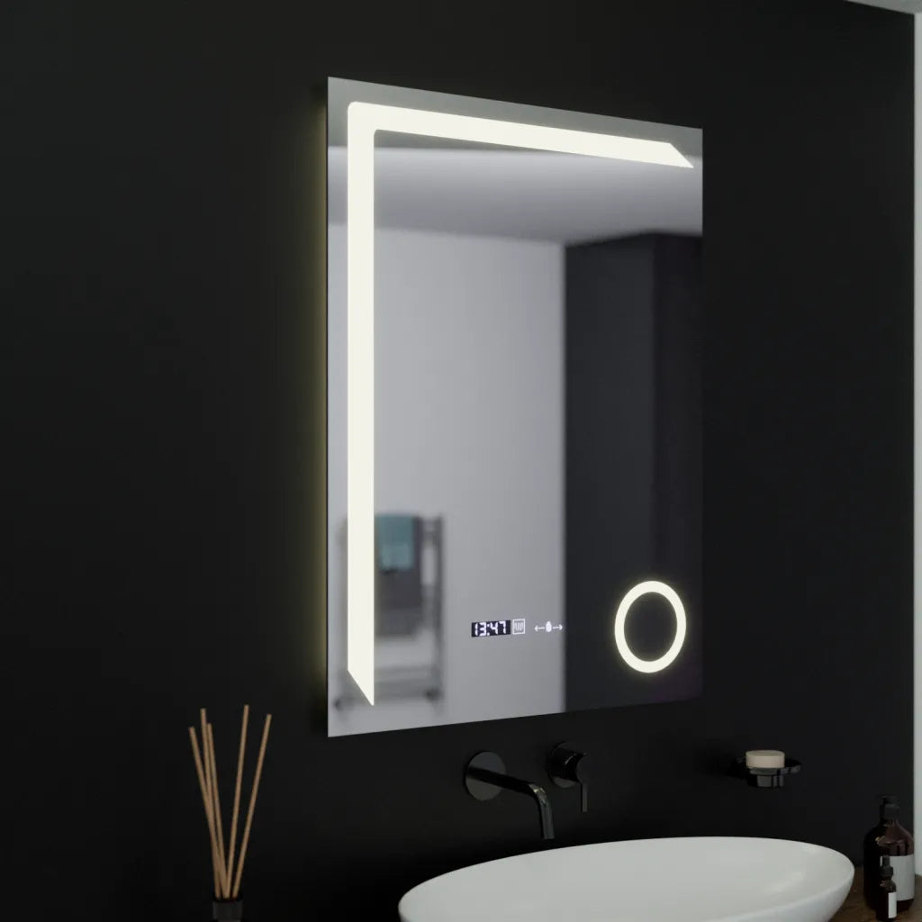 Oglinda LED Rectangulara 60x80 Precision MotionGlow Marcello, Lupa Cosmetica, Sistem Dezaburire, Termometru, Ceas, Dimabila