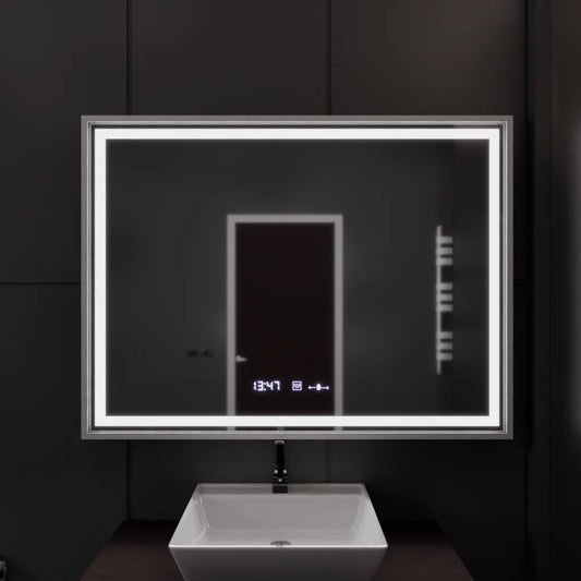 Oglinda LED Rectangulara 120x80 Verite Imperial Silver Motion Glow Marcello, Sistem Dezaburire, Termometru si Ceas, Dimabila