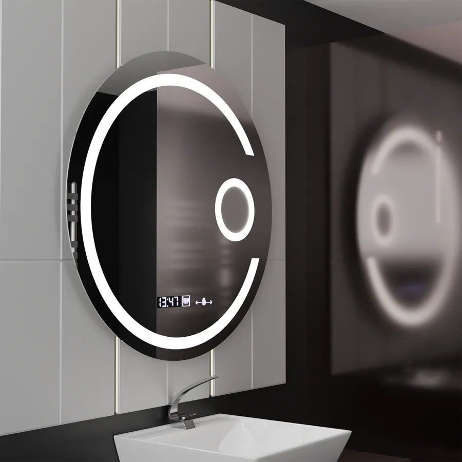 Oglinda LED Rotunda 70 Visio MotionGlow Marcello, Lupa Cosmetica, Sistem Dezaburire, Termometru si Ceas, Dimabila