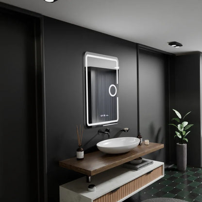 Oglinda LED Rectangulara 50x70 Eclat MotionGlow Marcello, Lupa Cosmetica, Sistem Dezaburire, Termometru si Ceas, Dimabila
