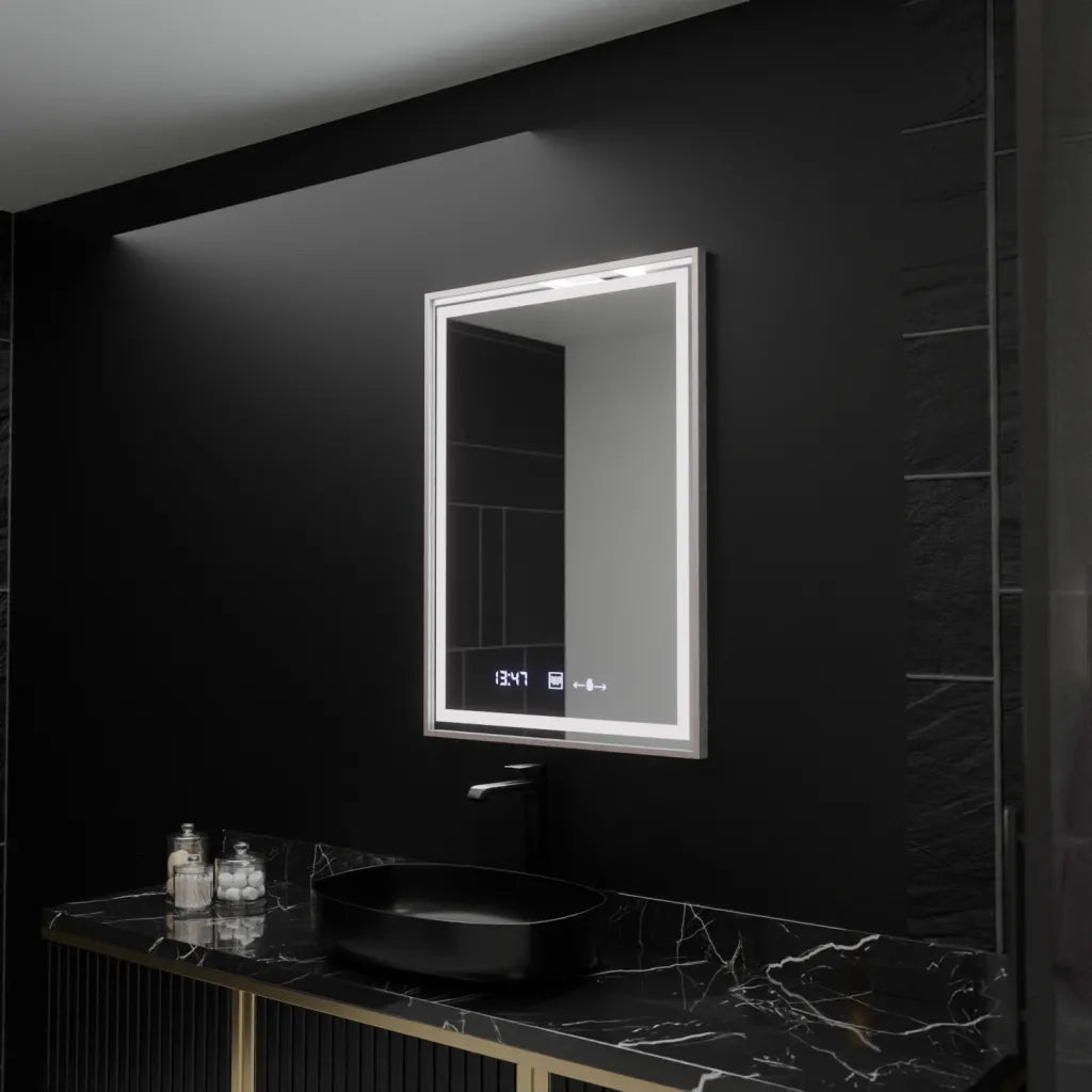 Oglinda LED Rectangulara 60x80 Verite Imperial Silver Motion Glow Marcello, Sistem Dezaburire, Termometru si Ceas, Dimabila