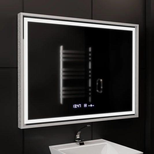 Oglinda LED Rectangulara 80x60 Verite Imperial Silver Motion Glow Marcello, Sistem Dezaburire, Termometru si Ceas, Dimabila
