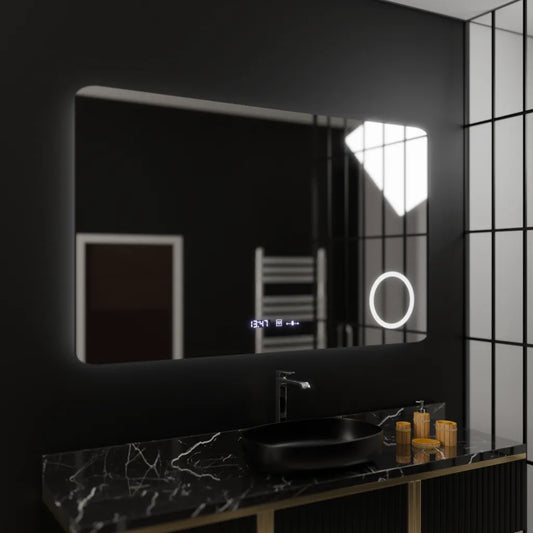 Oglinda LED Rectangulara 100x60 Celeste MotionGlow Marcello, Lupa Cosmetica, Sistem Dezaburire, Termometru si Ceas, Dimabila