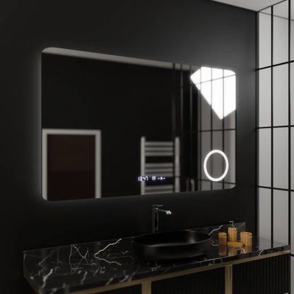 Oglinda LED Rectangulara 100x60 Celeste MotionGlow Marcello, Lupa Cosmetica, Sistem Dezaburire, Termometru si Ceas, Dimabila