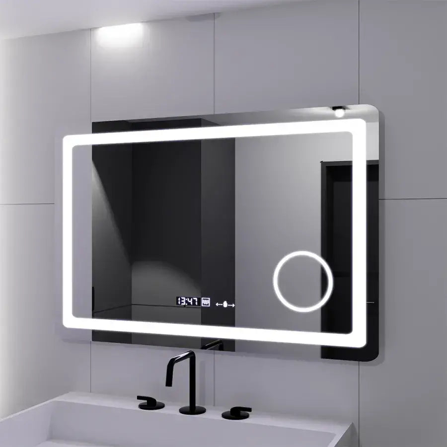 Oglinda LED Rectangulara 90x60 Souverain MotionGlow Marcello, Lupa Cosmetica, Sistem Dezaburire, Termometru si Ceas, Dimabila