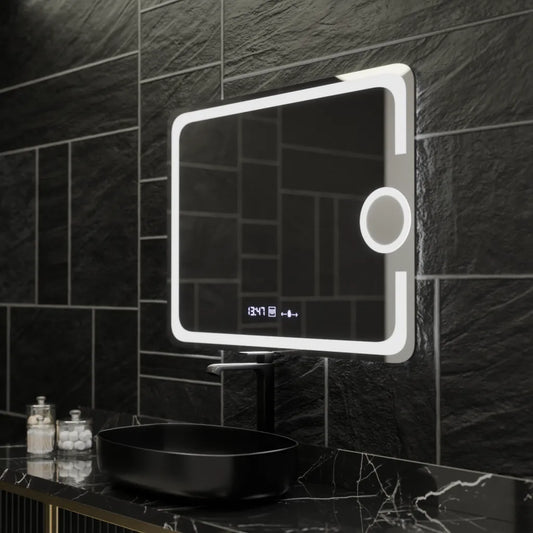 Oglinda LED Rectangulara 80x60 Eclat MotionGlow Marcello, Lupa Cosmetica, Sistem Dezaburire, Termometru si Ceas, Dimabila