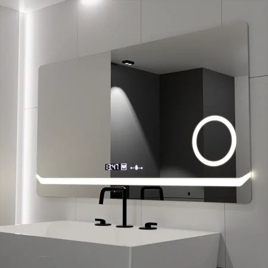 Oglinda LED Rectangulara 80x60 Definition MotionGlow Marcello, Lupa Cosmetica, Sistem Dezaburire, Termometru si Ceas, Dimabila