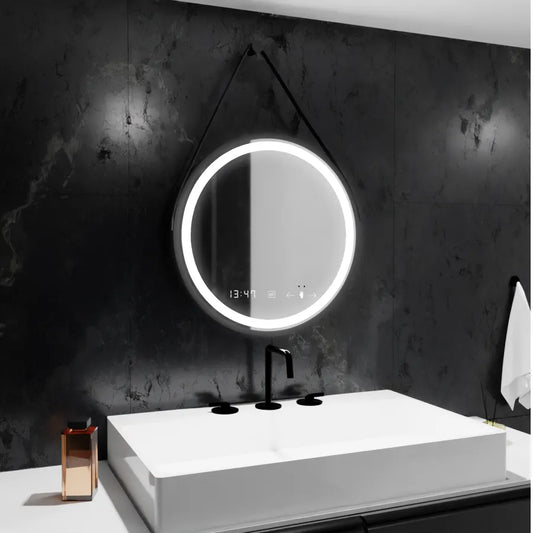 Oglinda LED Rotunda 50 Celeste Majeste Noir Eleve MotionGlow Marcello, Curea Piele Ecologica, Sistem Dezaburire, Termometru si Ceas, Dimabila