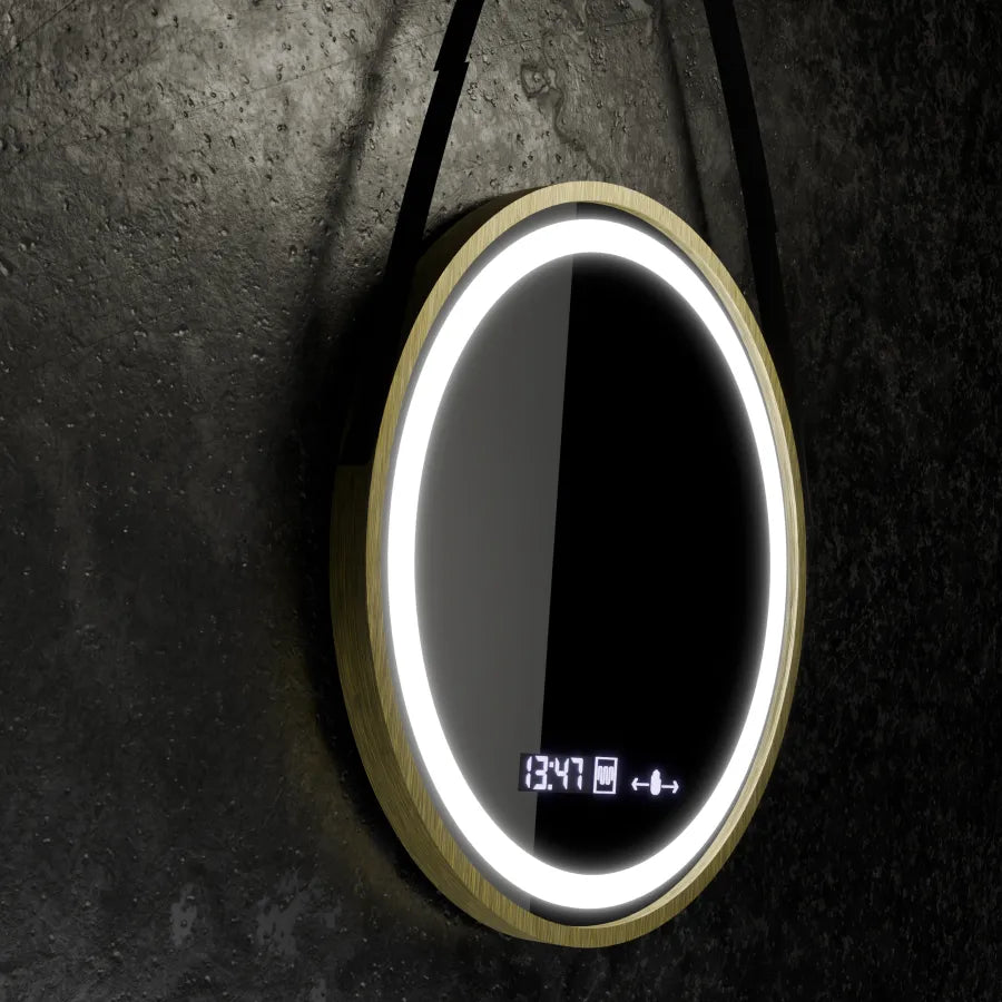 Oglinda LED Rotunda 60 Celeste Royale Gold Eleve MotionGlow Marcello, Curea Piele Ecologica, Sistem Dezaburire, Termometru si Ceas, Dimabila