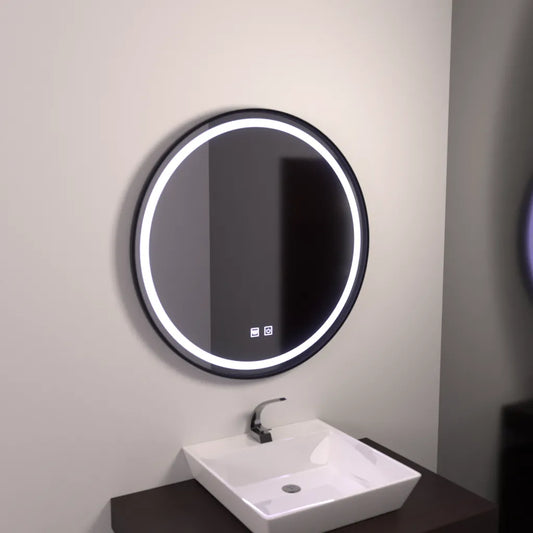 Oglinda LED Rotunda 60cm Lucea Touch Sistem Dezaburire, Rama Neagra