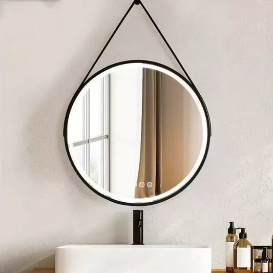 Oglinda LED Rotunda 60 Celeste Majeste Noir Eleve MotionGlow Marcello, Curea Piele Ecologica, Sistem Dezaburire, Termometru si Ceas, Dimabila