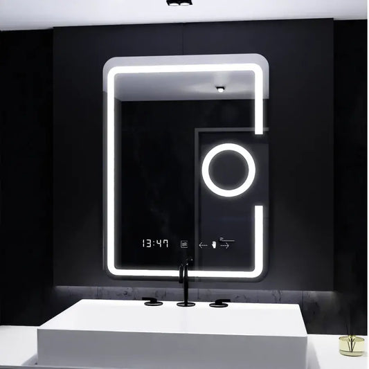 Oglinda LED Rectangulara, 75x90cm, Eclat MotionGlow Marcello, Sistem Dezaburire, Ceas & Termometru, Lupa Cosmetica, Dimabila