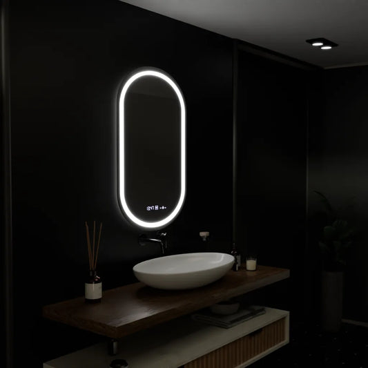 Oglinda LED Ovala 50x80 Eminence MotionGlow Marcello, Sistem Dezaburire, Termometru si Ceas, Dimabila