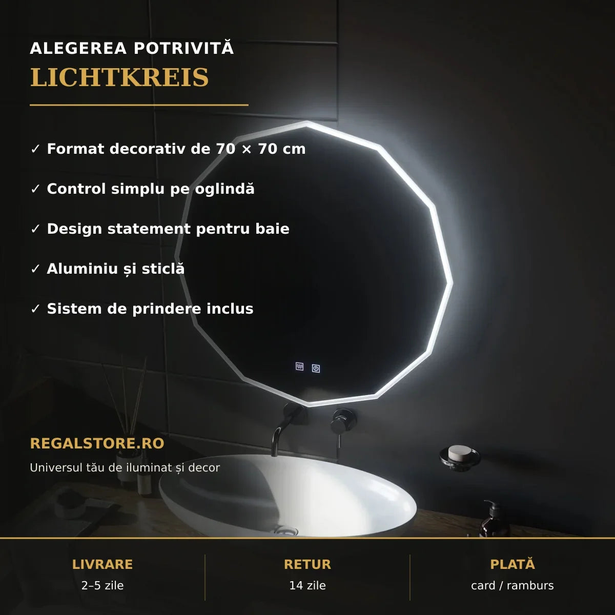 Oglindă LED Lichtkreis 70x70 cm – beneficii principale