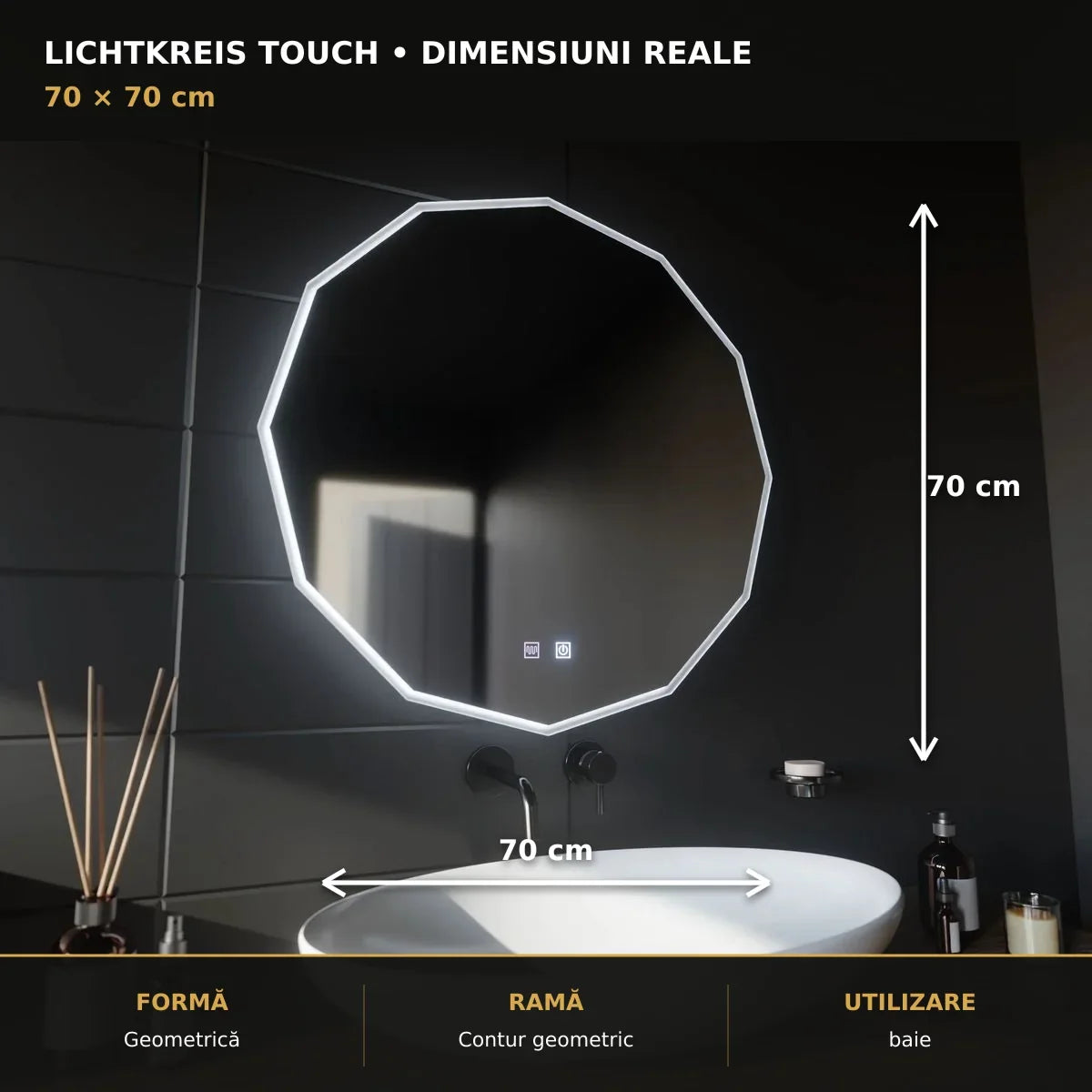 Oglindă LED Lichtkreis Touch 70x70 cm – dimensiuni și format