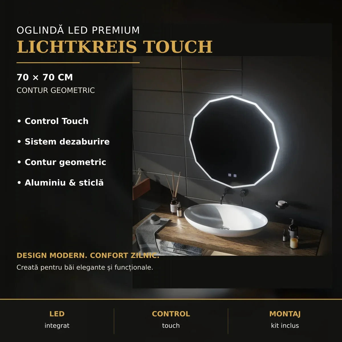 Oglindă LED Lichtkreis Touch 70x70 cm – imagine premium