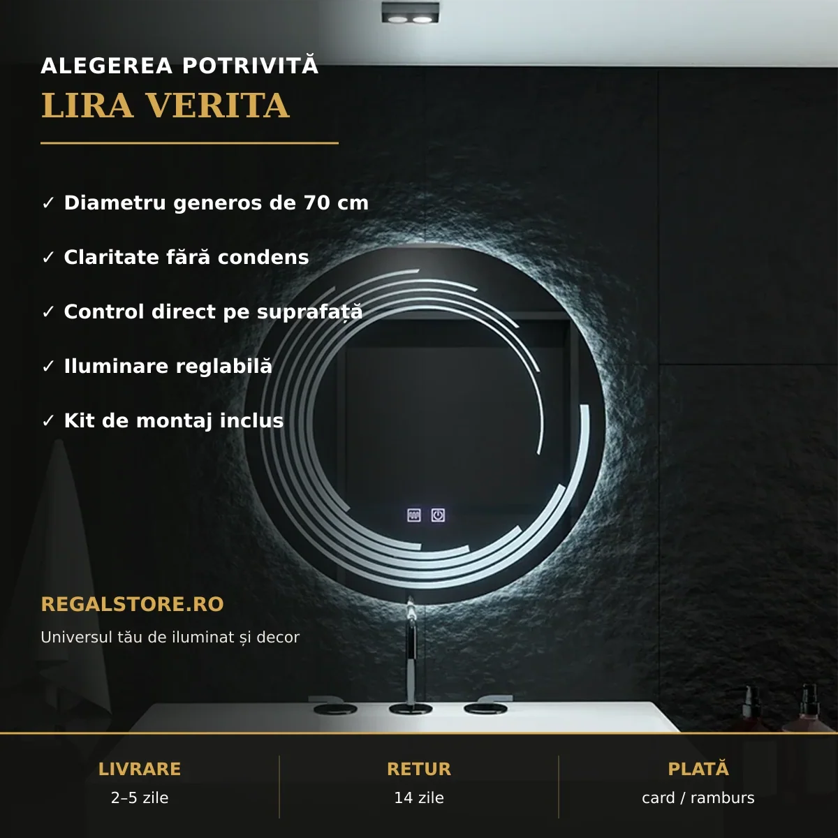 Oglindă LED Lira Verita Ø70 cm – beneficii principale
