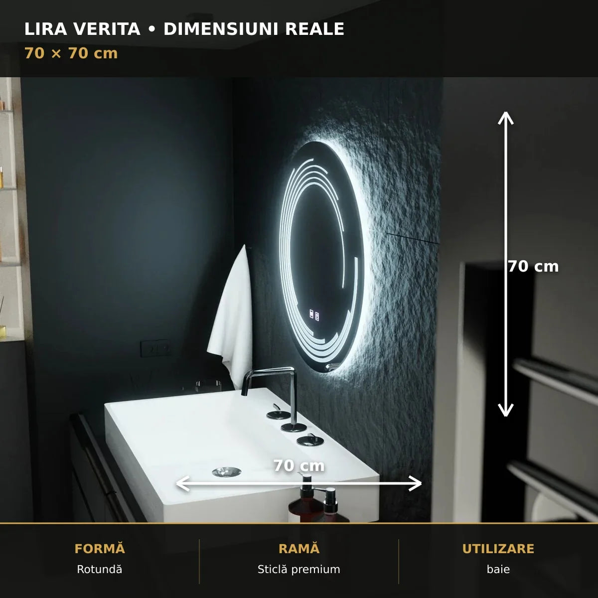 Oglindă LED Lira Verita Ø70 cm – dimensiuni și format