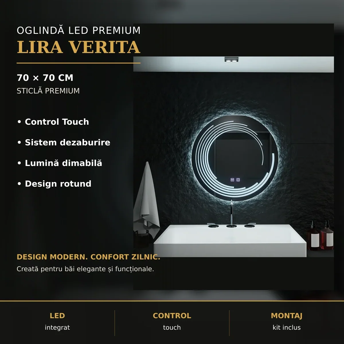 Oglindă LED Lira Verita Ø70 cm – imagine premium
