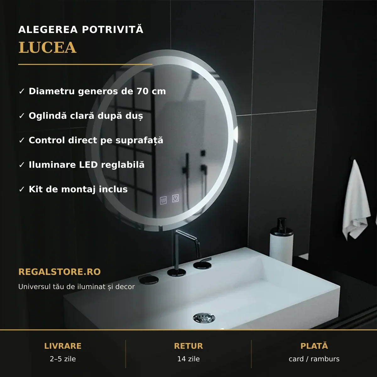 Oglindă LED Lucea Ø70 cm – beneficii principale