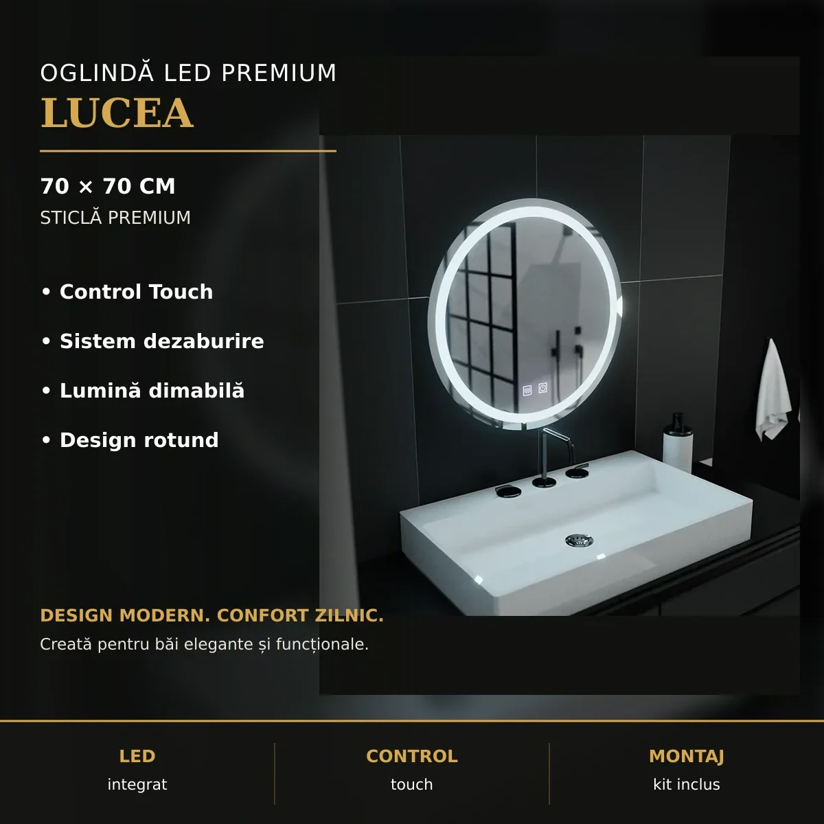 Oglindă LED Lucea Ø70 cm – imagine premium