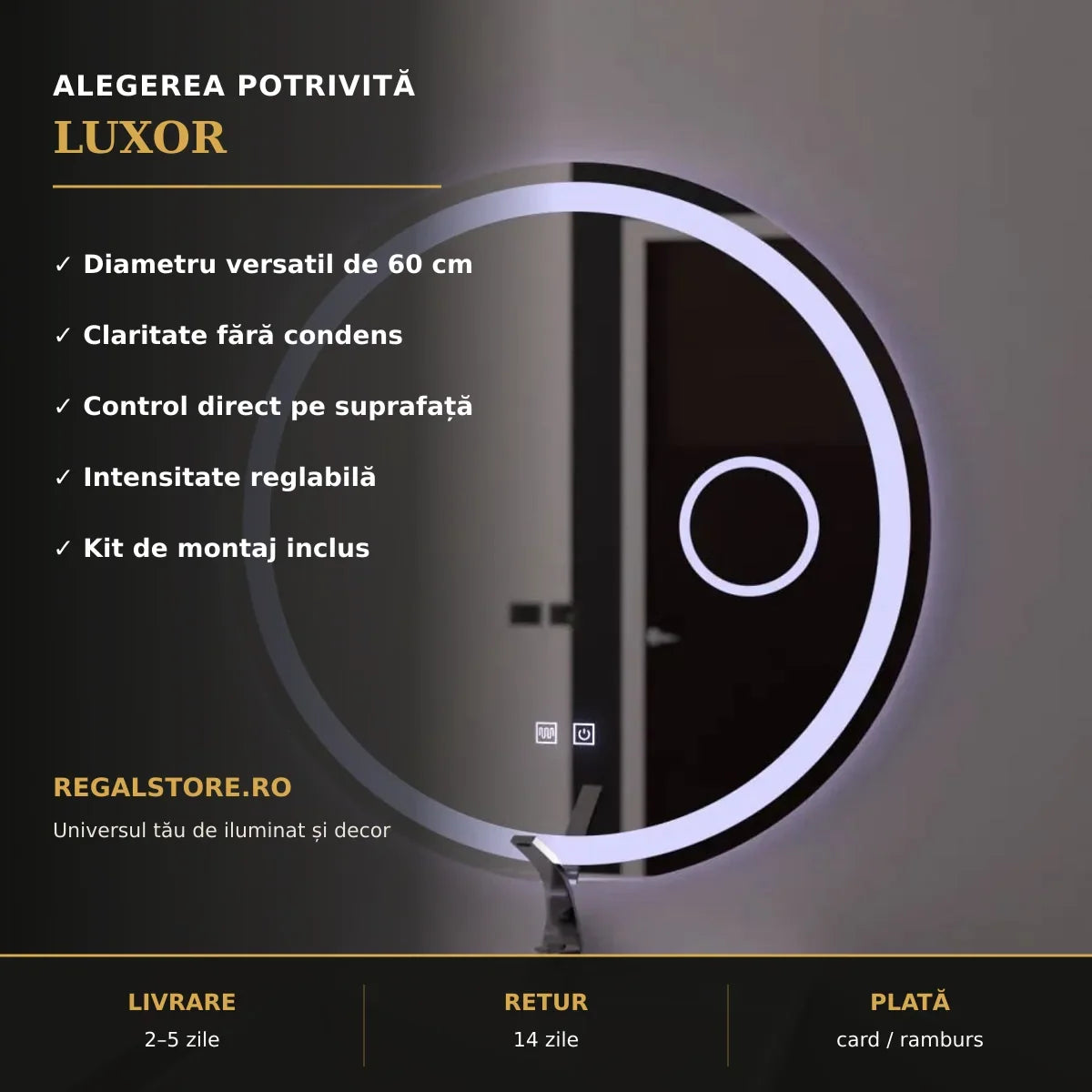 Oglindă LED Luxor Ø60 cm – beneficii principale