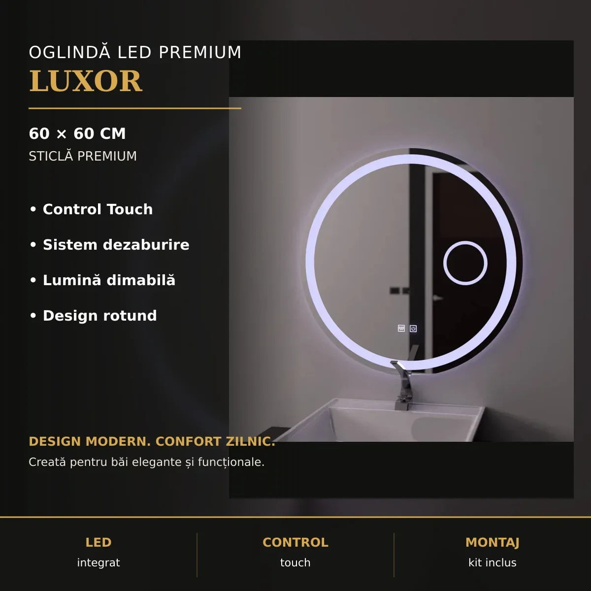 Oglindă LED Luxor Ø60 cm – imagine premium