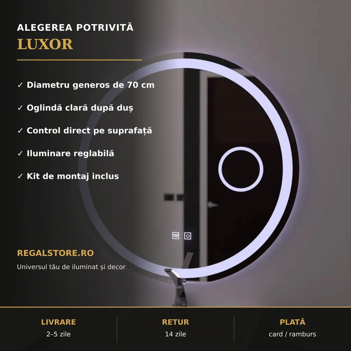 Oglindă LED Luxor Ø70 cm – beneficii principale
