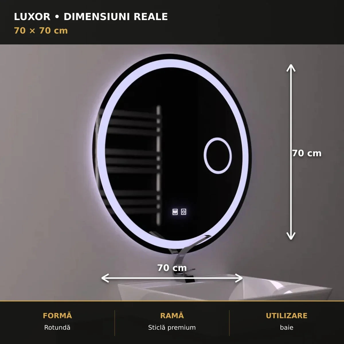 Oglindă LED Luxor Ø70 cm – dimensiuni și format
