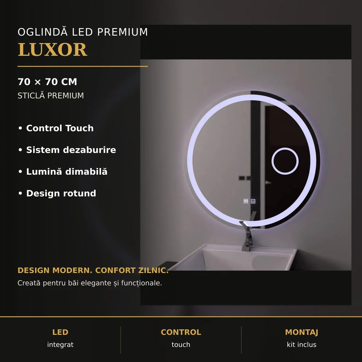 Oglindă LED Luxor Ø70 cm – imagine premium