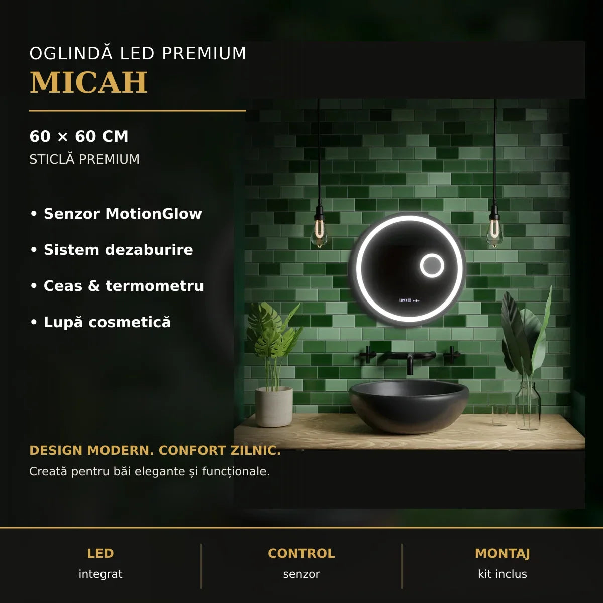 Oglindă LED Micah Ø60 cm – imagine premium