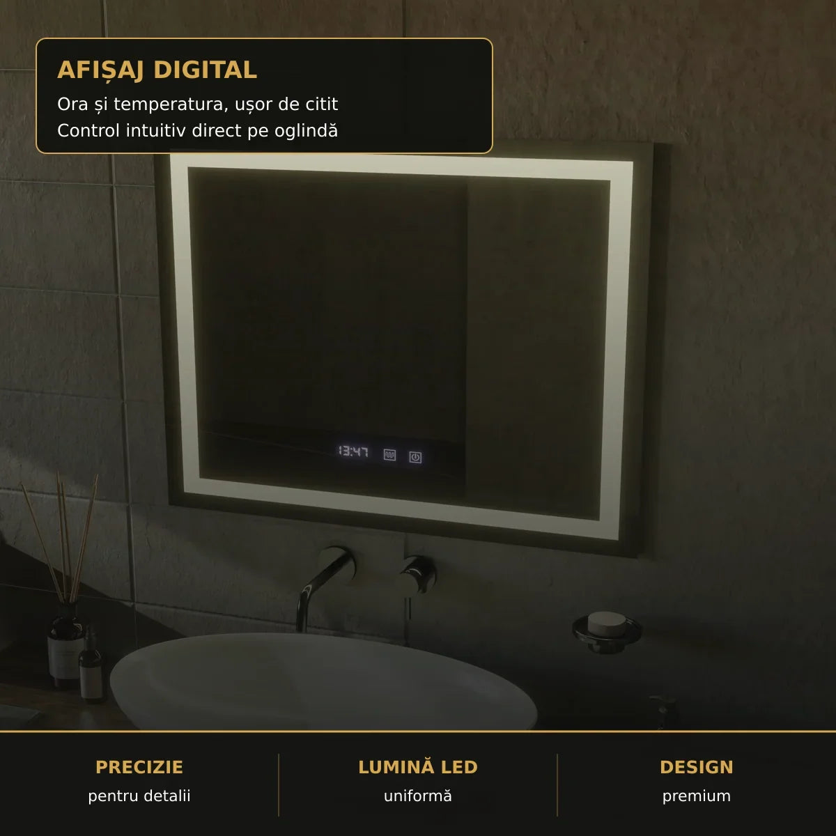 Oglindă LED Modena 80x60 cm – detaliu premium