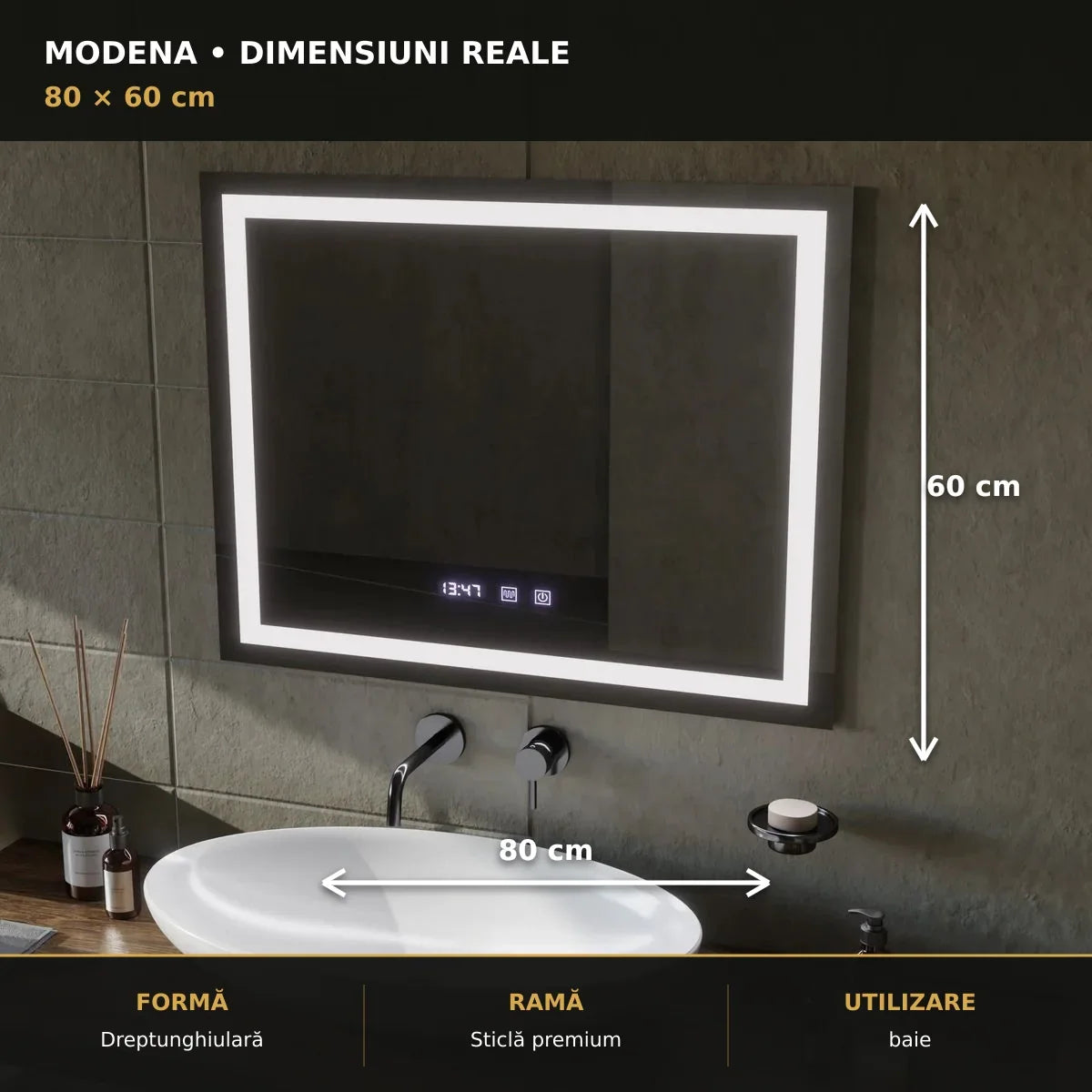 Oglindă LED Modena 80x60 cm – dimensiuni și format