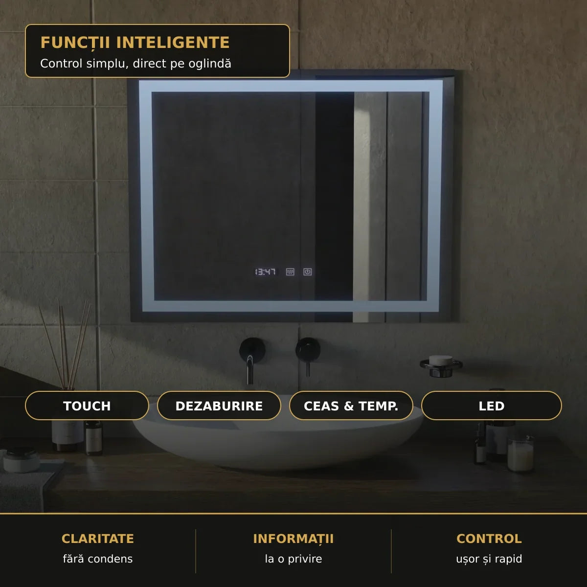 Oglindă LED Modena 80x60 cm – funcții inteligente
